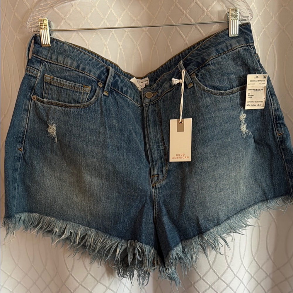 Good American Blue Jean Shorts Distressed Frayed Hem